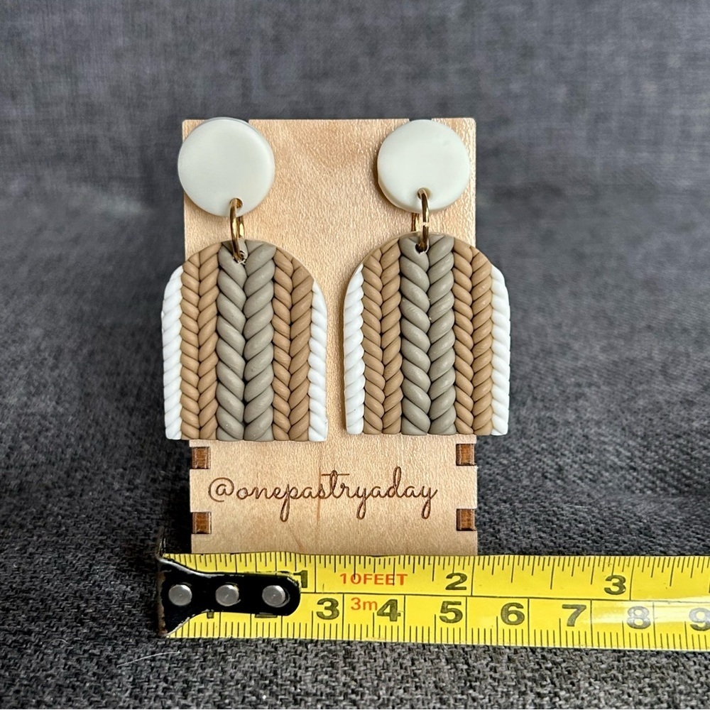 Fun, Cable Knit Sweater Pattern Clay Drop Dangle Earrings, White, Tan - Picture 11 of 16